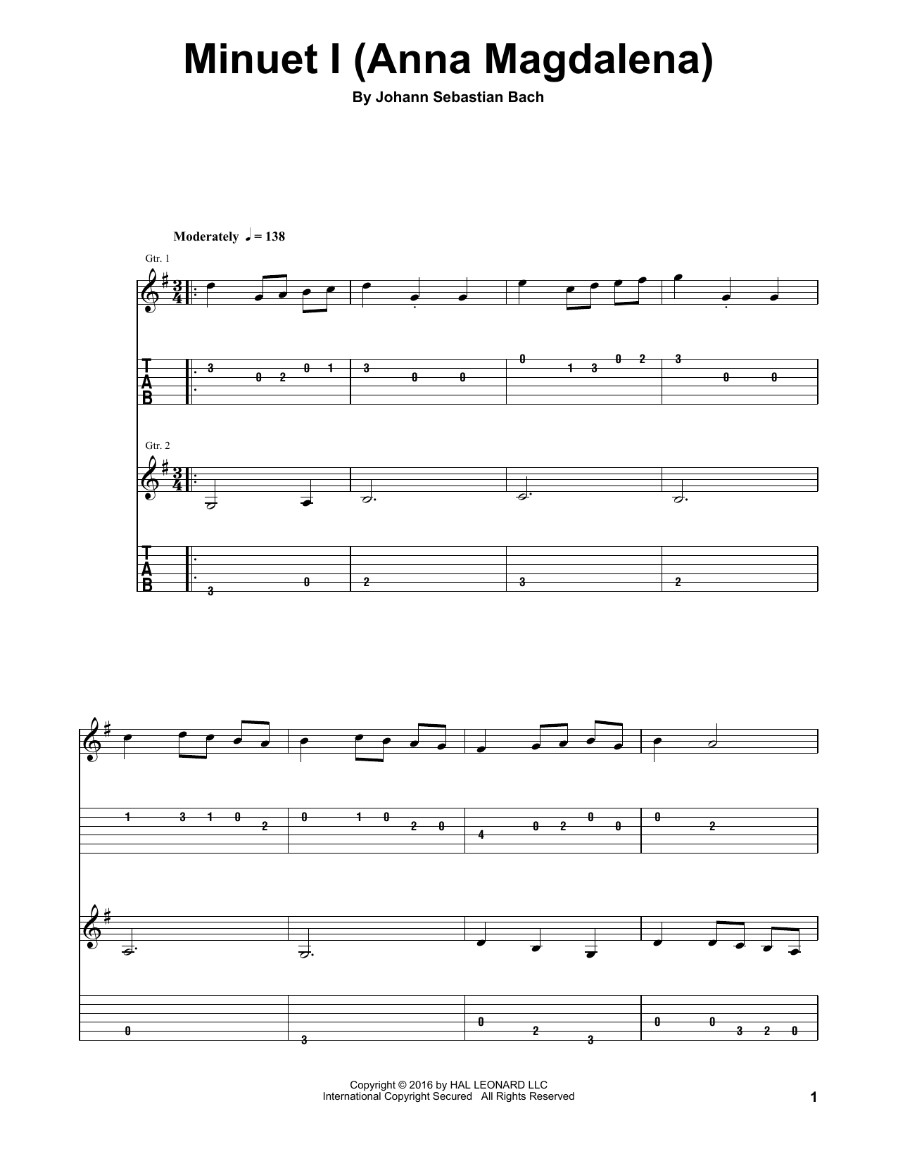 Johann Sebastian Bach Minuet I (Anna Magdalena) Sheet Music Notes & Chords for Guitar Tab Play-Along - Download or Print PDF