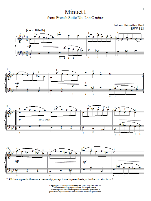 Johann Sebastian Bach Minuet I, BWV 813 Sheet Music Notes & Chords for Piano Solo - Download or Print PDF