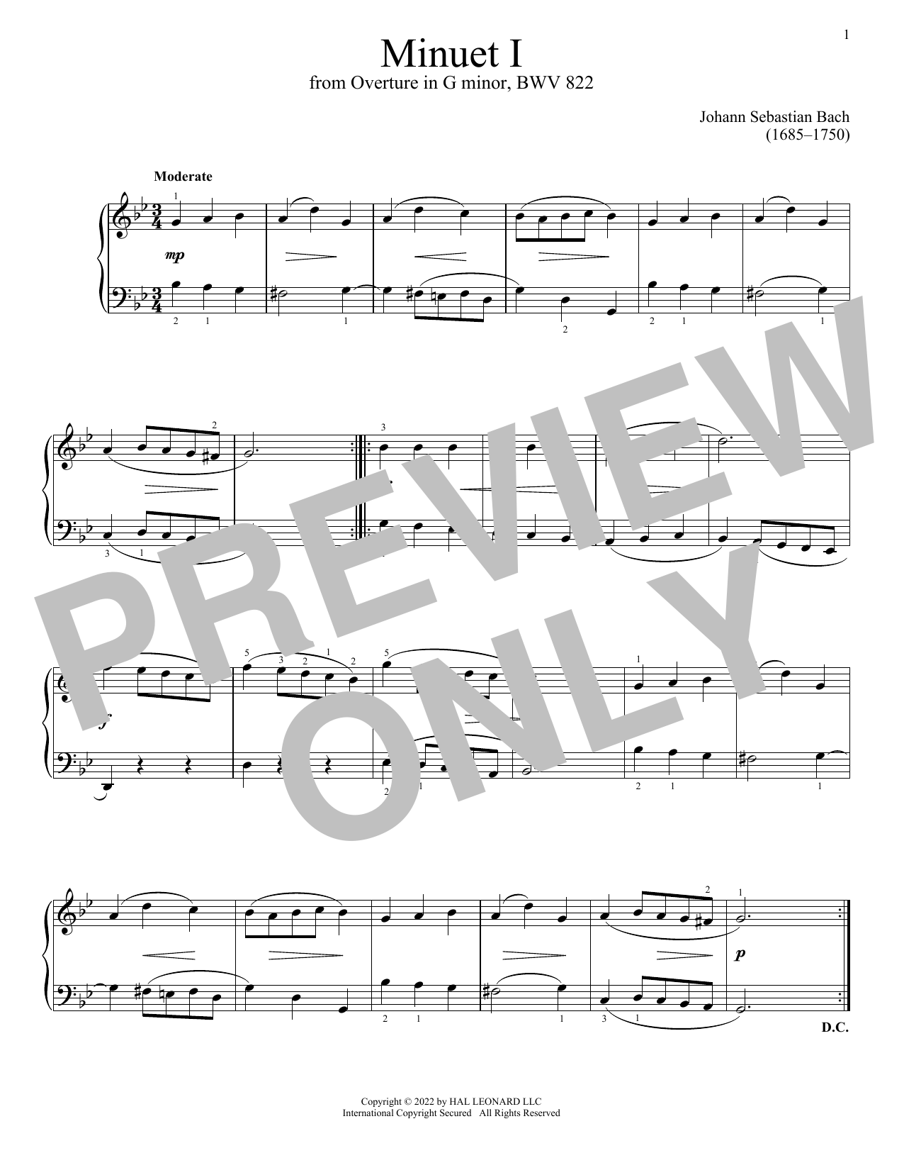 Johann Sebastian Bach Minuet I In G Minor, BWV 822 Sheet Music Notes & Chords for Piano Solo - Download or Print PDF