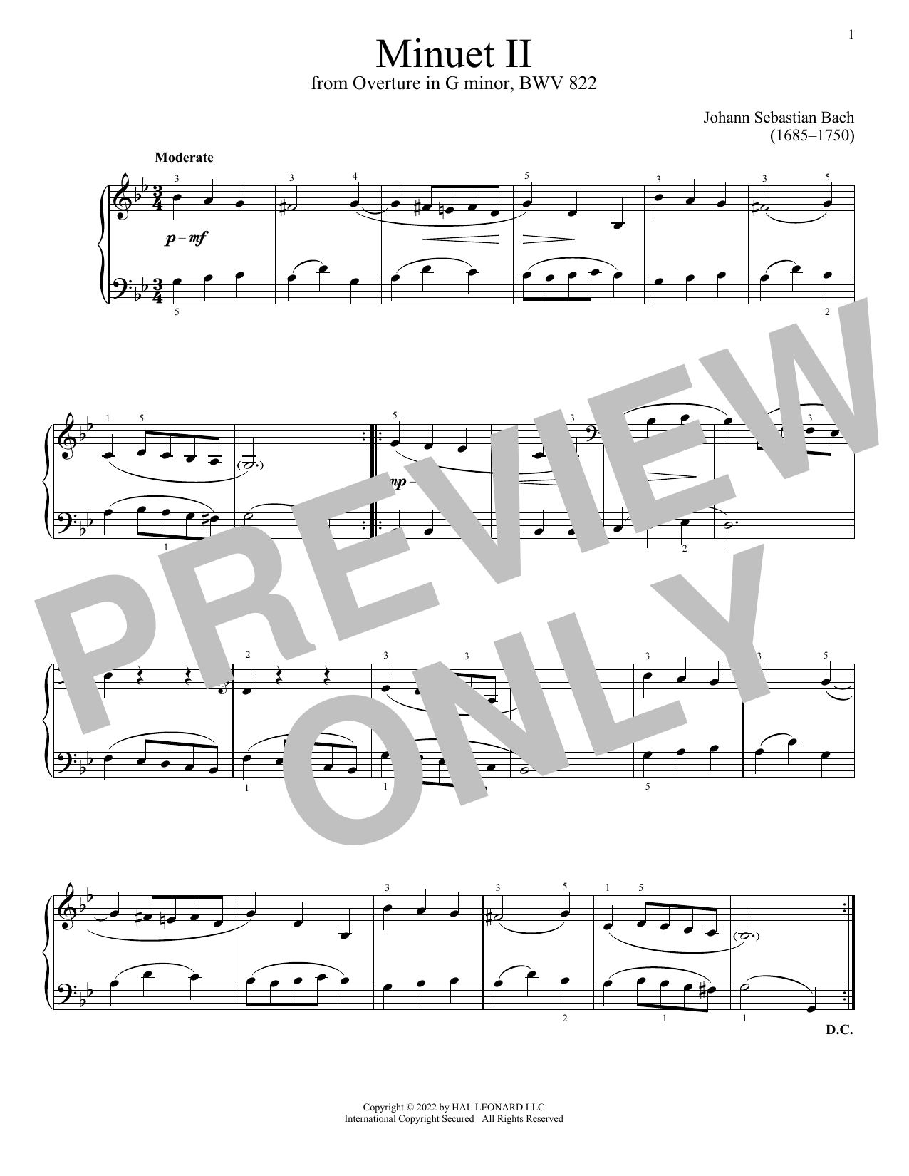 Johann Sebastian Bach Minuet II In G Minor, BWV 822 Sheet Music Notes & Chords for Piano Solo - Download or Print PDF