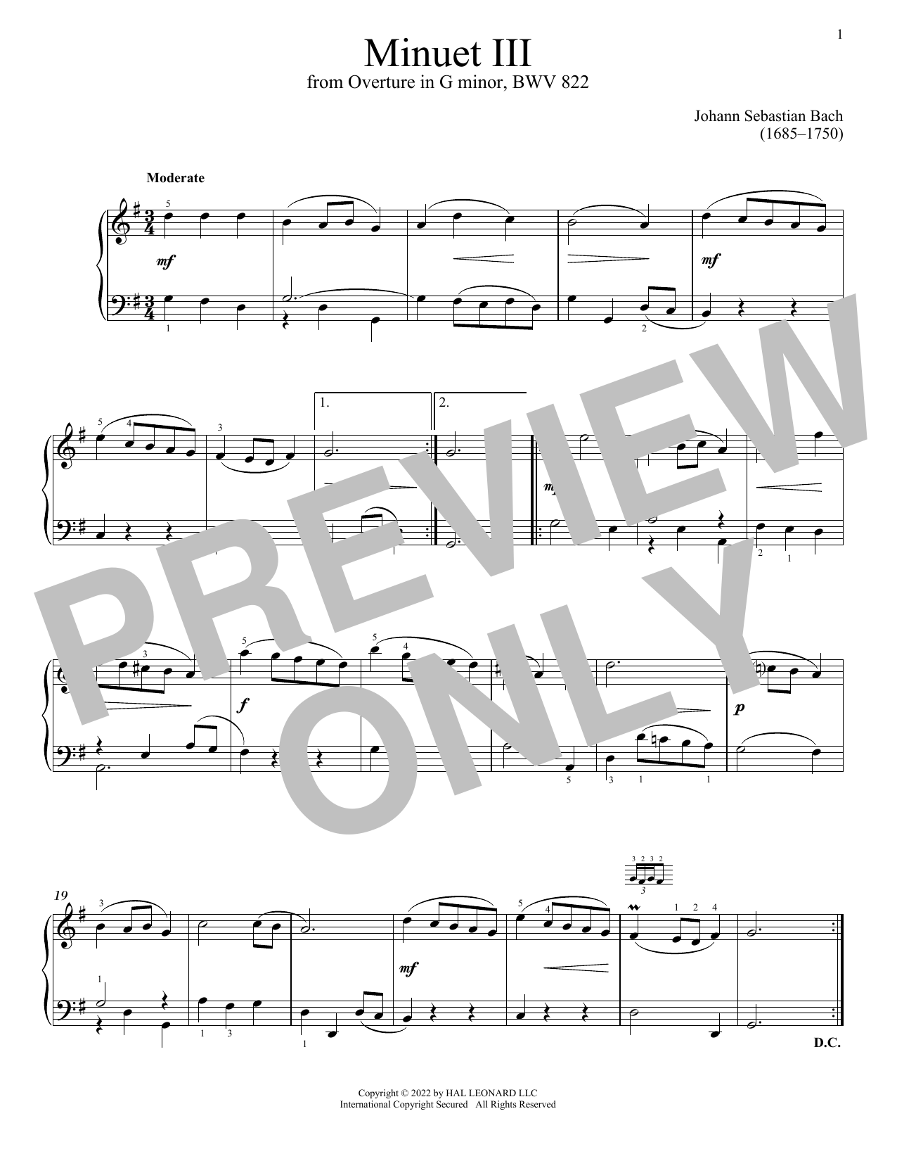 Johann Sebastian Bach Minuet III In G Minor, BWV 822 Sheet Music Notes & Chords for Piano Solo - Download or Print PDF