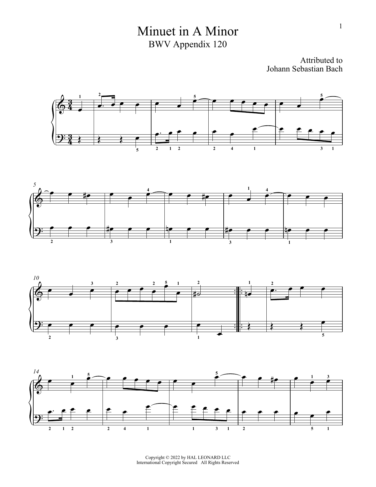 Johann Sebastian Bach Minuet In A Minor, Anh. 120 Sheet Music Notes & Chords for Piano Solo - Download or Print PDF