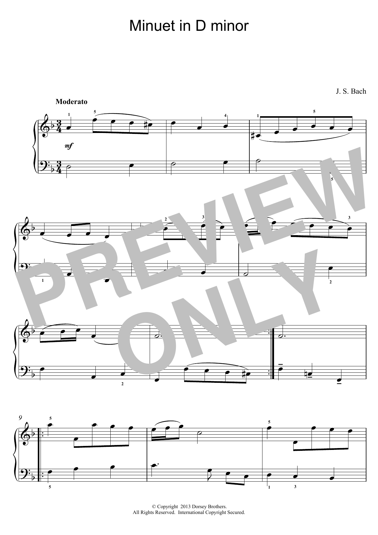 Johann Sebastian Bach Minuet In D Minor Sheet Music Notes & Chords for Piano - Download or Print PDF