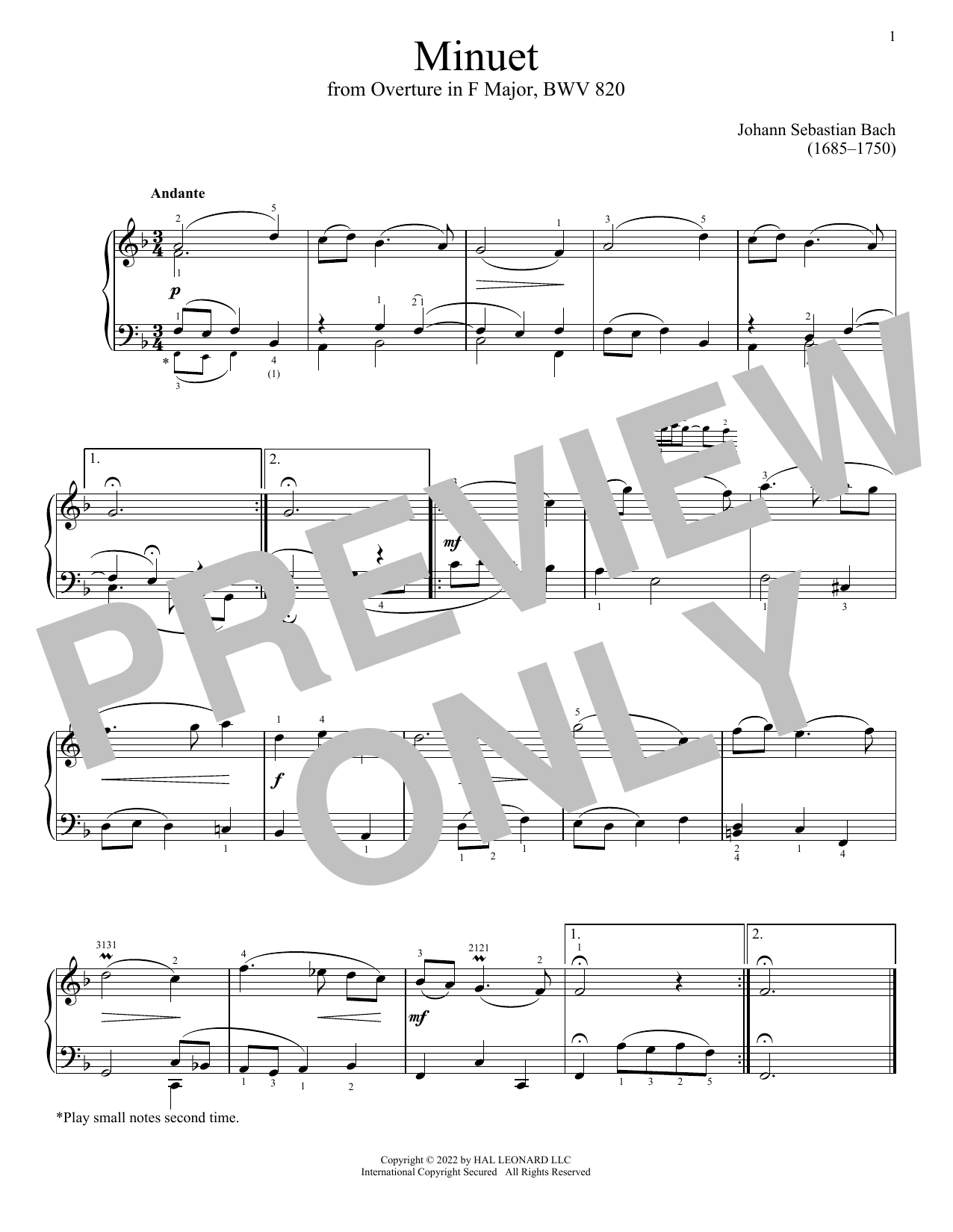 Johann Sebastian Bach Minuet In F Major, BWV 820 Sheet Music Notes & Chords for Piano Solo - Download or Print PDF