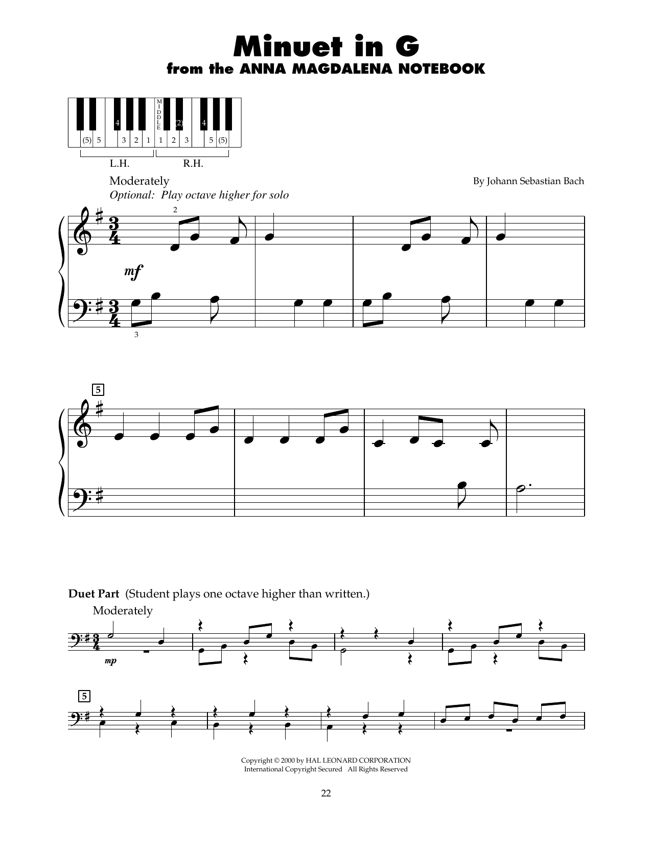 Johann Sebastian Bach Minuet In G (arr. Carol Klose) Sheet Music Notes & Chords for 5-Finger Piano - Download or Print PDF