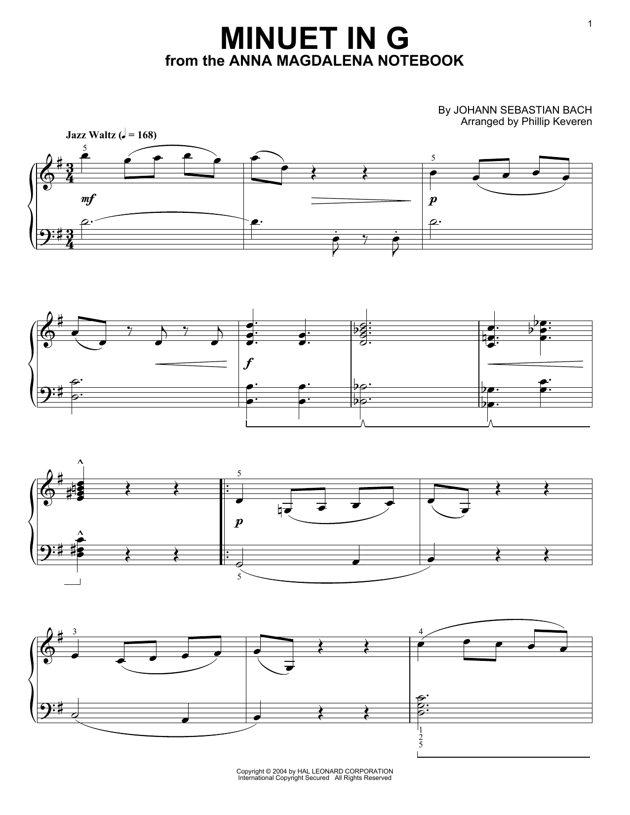 Johann Sebastian Bach Minuet In G [Jazz version] (arr. Phillip Keveren) Sheet Music Notes & Chords for Piano - Download or Print PDF