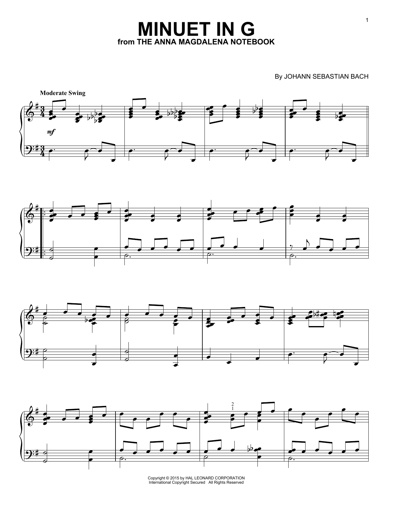 Johann Sebastian Bach Minuet In G [Jazz version] Sheet Music Notes & Chords for Piano - Download or Print PDF