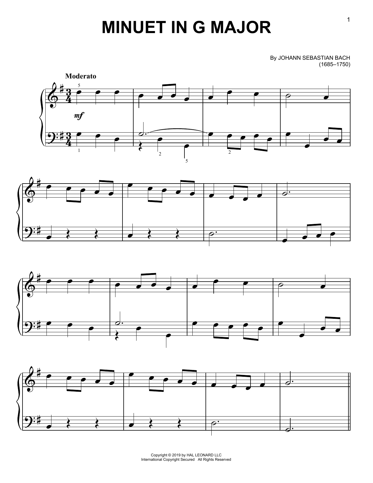 Johann Sebastian Bach Minuet In G Major Sheet Music Notes & Chords for Easy Piano - Download or Print PDF