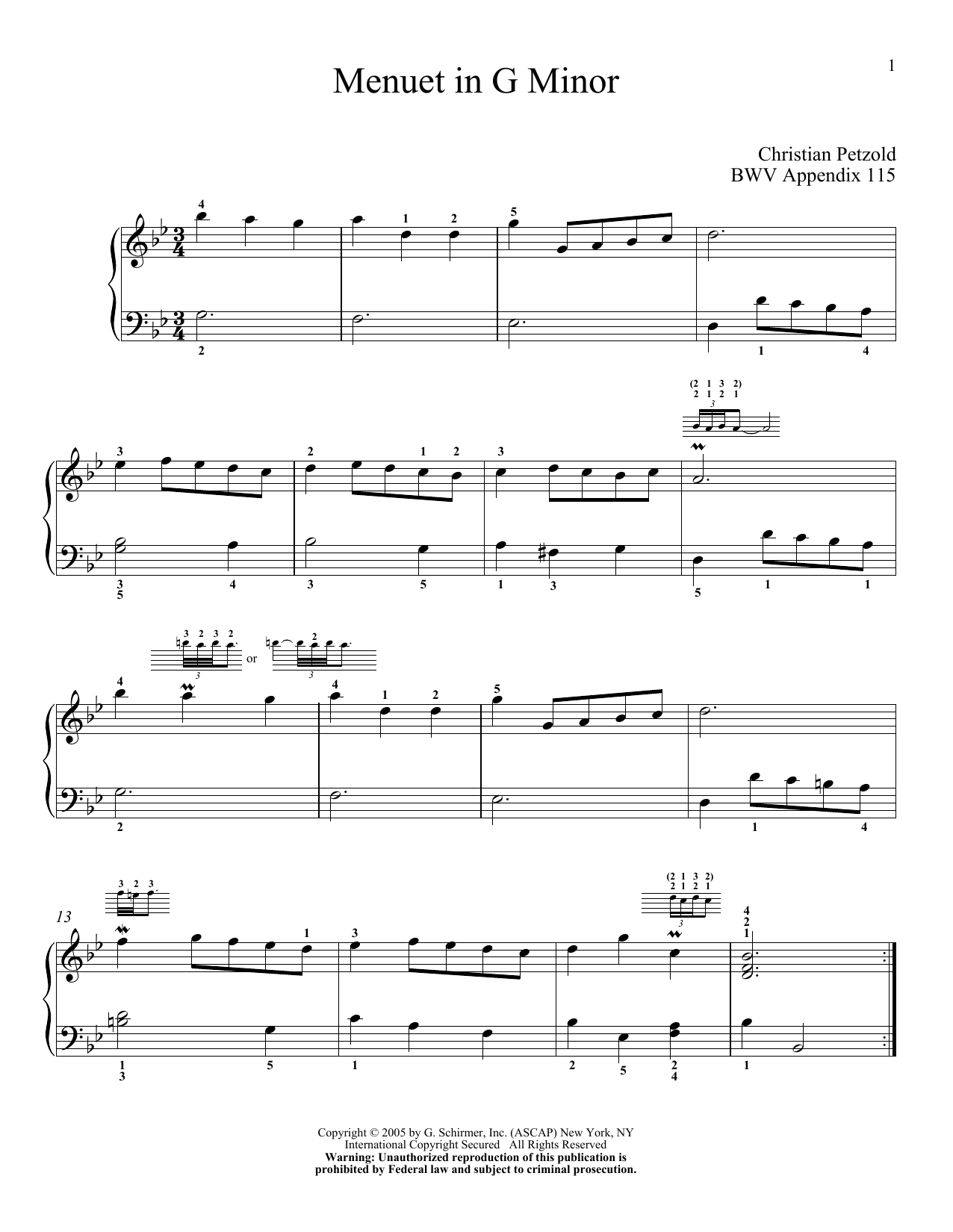 Johann Sebastian Bach Minuet In G Minor Sheet Music Notes & Chords for Piano Solo - Download or Print PDF