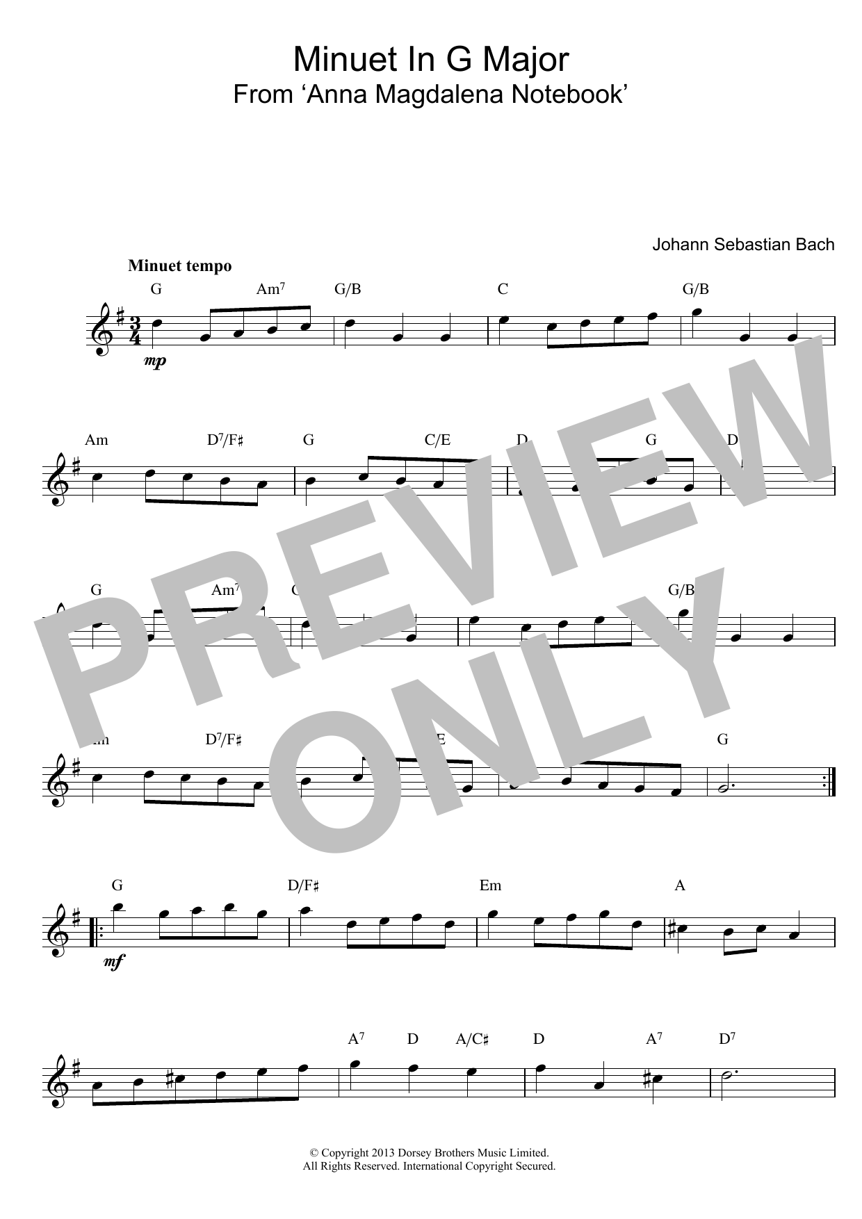 Johann Sebastian Bach Minuet In G Sheet Music Notes & Chords for Piano - Download or Print PDF