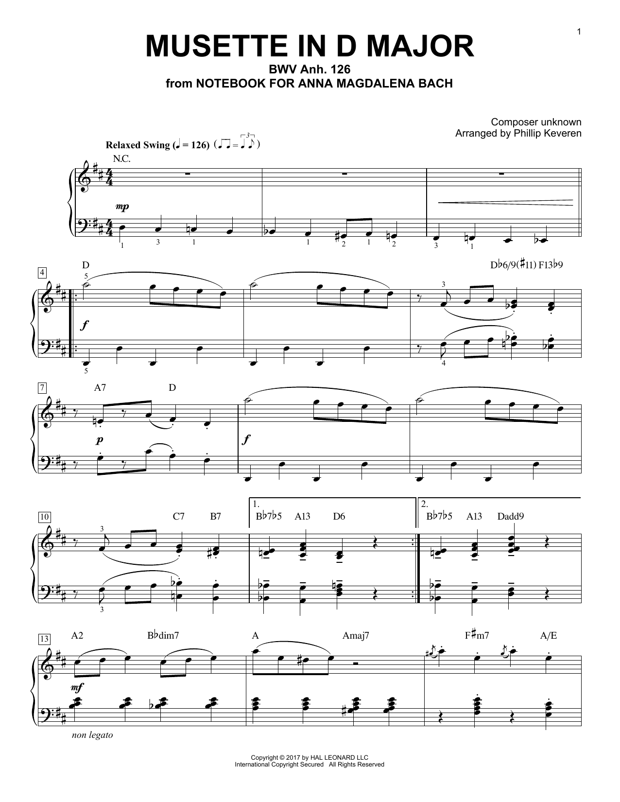 Johann Sebastian Bach Musette In D Major, BWV Anh. 126 [Jazz version] (arr. Phillip Keveren) Sheet Music Notes & Chords for Piano - Download or Print PDF