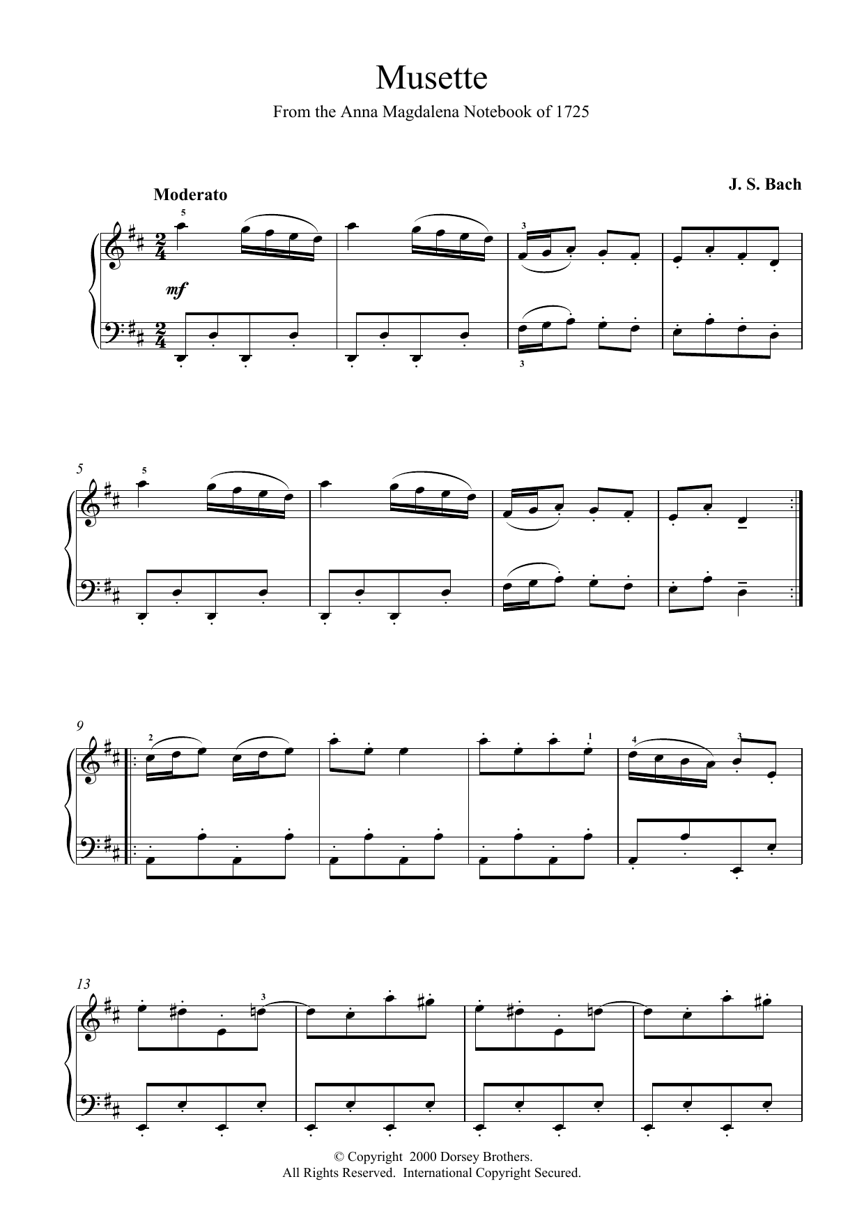 Johann Sebastian Bach Musette In D Major, BWV App. 126 Sheet Music Notes & Chords for Piano - Download or Print PDF