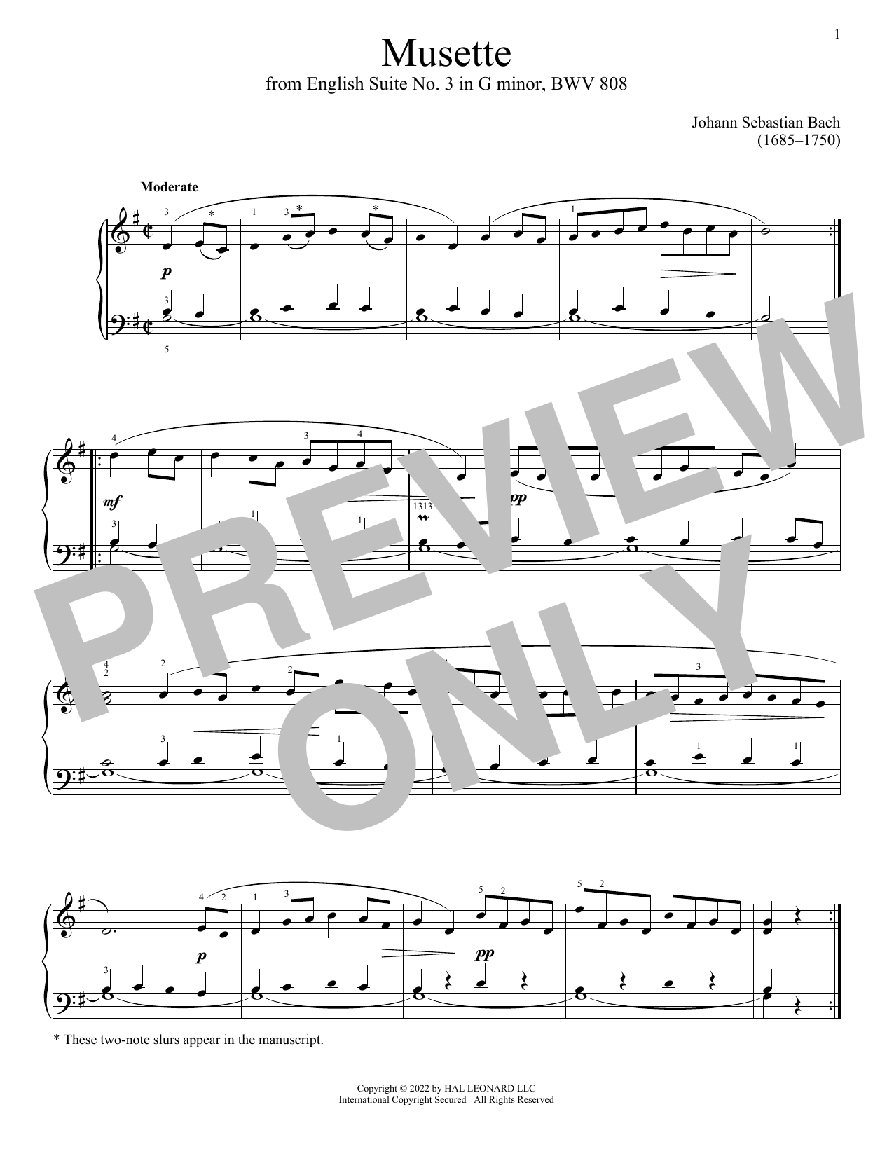 Johann Sebastian Bach Musette In G Major, BWV 808 Sheet Music Notes & Chords for Piano Solo - Download or Print PDF