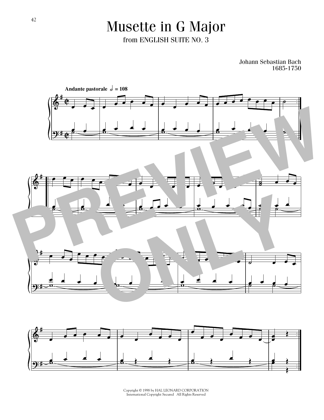 Johann Sebastian Bach Musette in G Major Sheet Music Notes & Chords for Piano Solo - Download or Print PDF