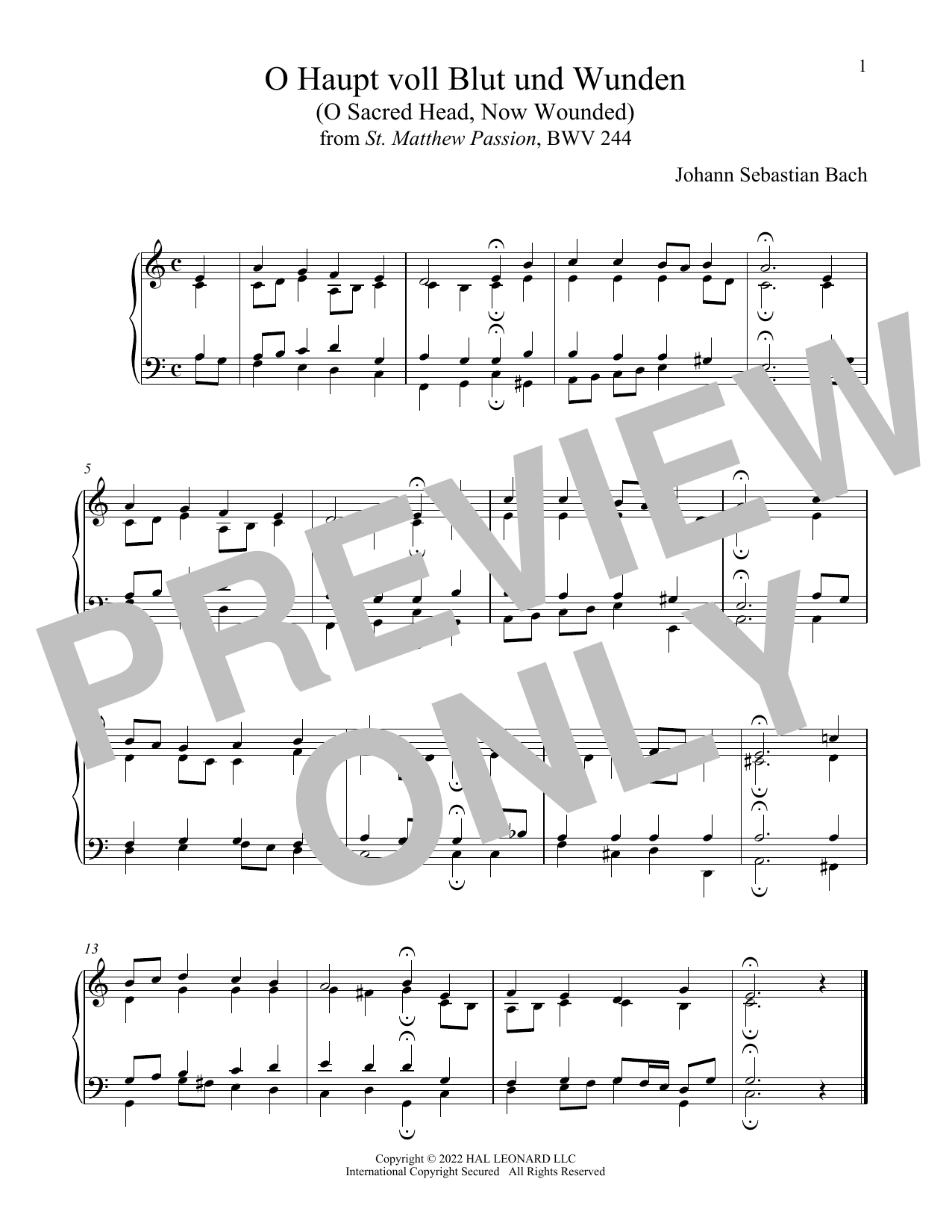 Johann Sebastian Bach O Haupt Voll Blut Und Wunden Sheet Music Notes & Chords for Piano Solo - Download or Print PDF