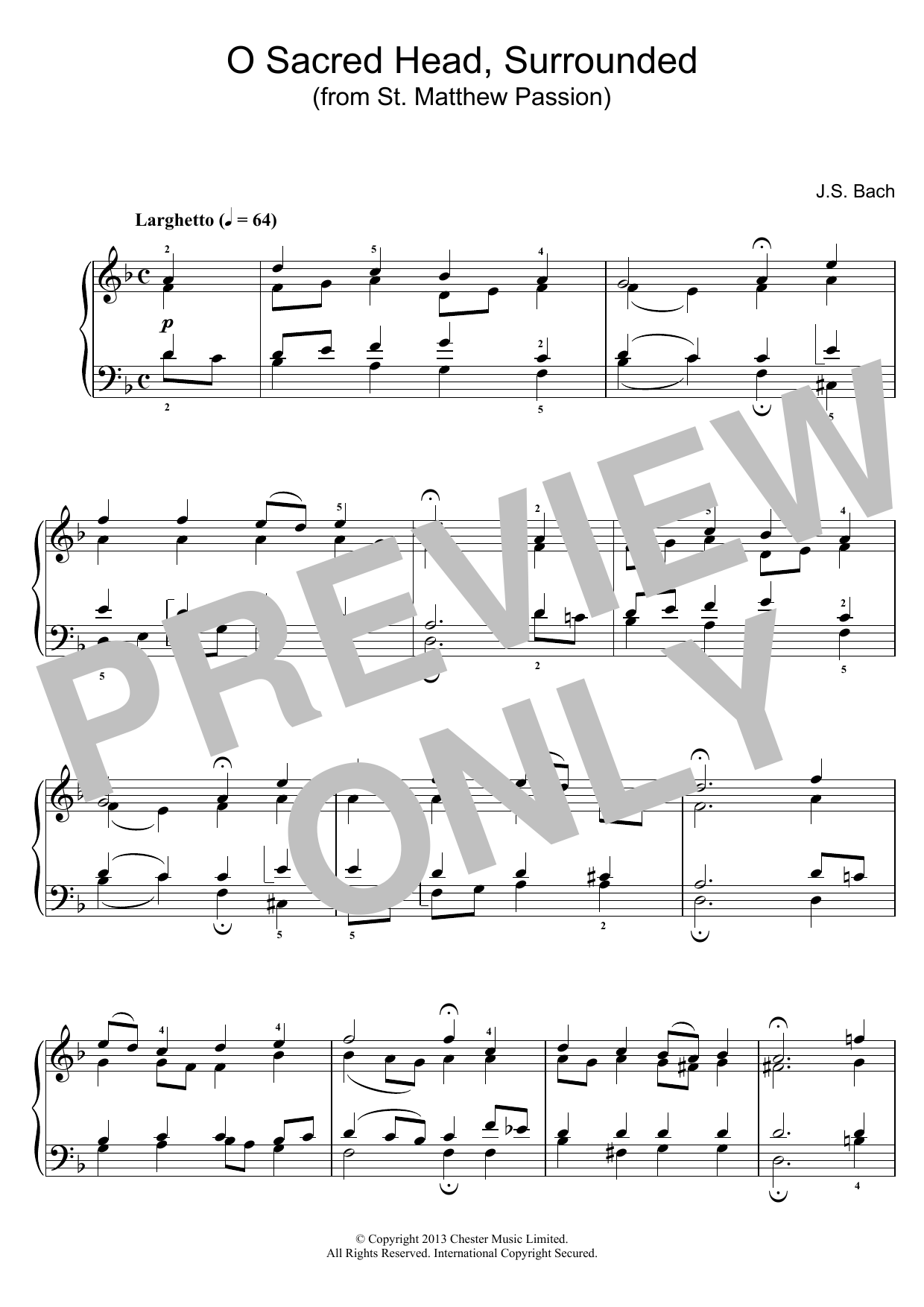 Johann Sebastian Bach O Sacred Head, Surrounded (from St Matthew Passion) Sheet Music Notes & Chords for Piano - Download or Print PDF