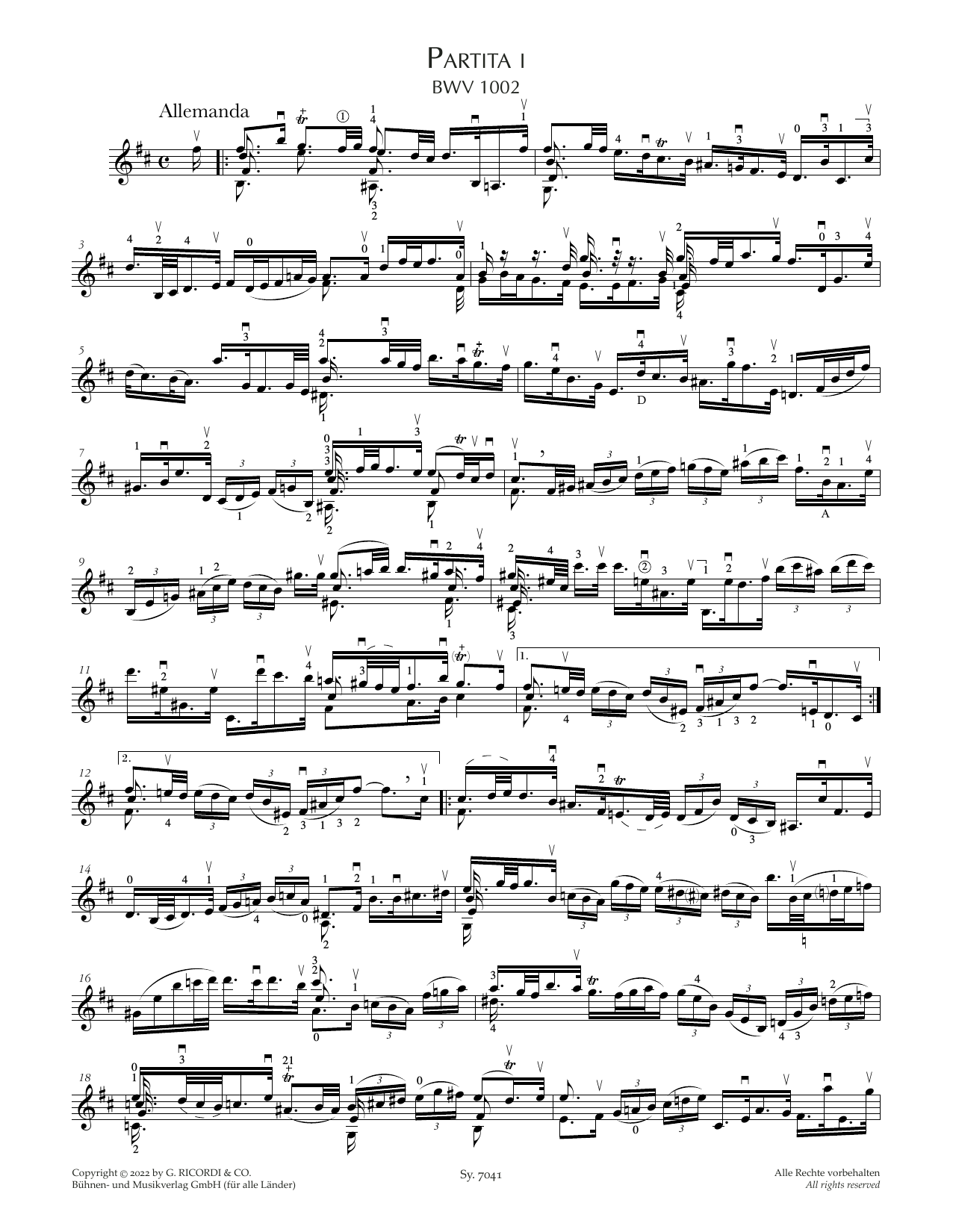 Johann Sebastian Bach Partita I, BWV 1002 Sheet Music Notes & Chords for Violin Solo - Download or Print PDF