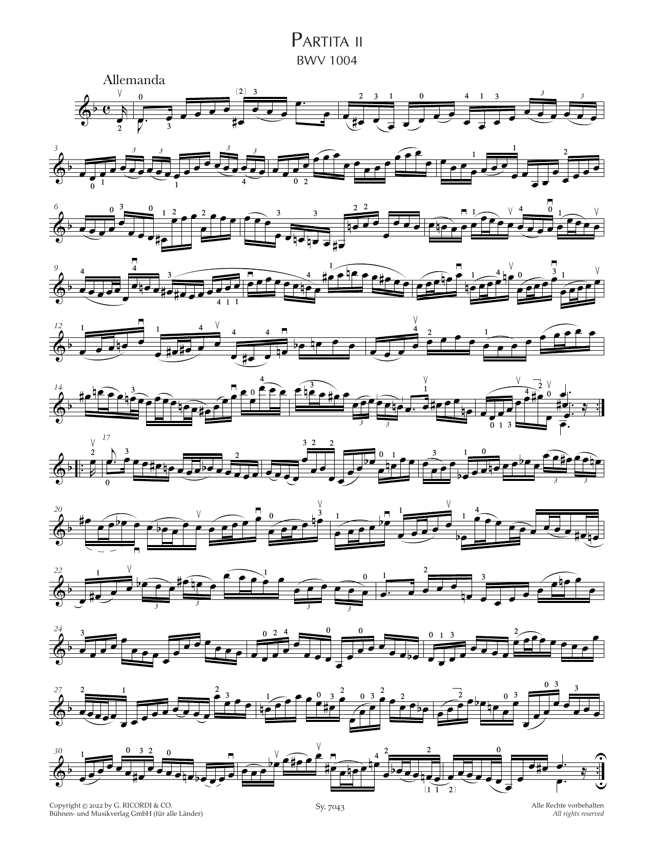 Johann Sebastian Bach Partita II, BWV 1004 Sheet Music Notes & Chords for Violin Solo - Download or Print PDF