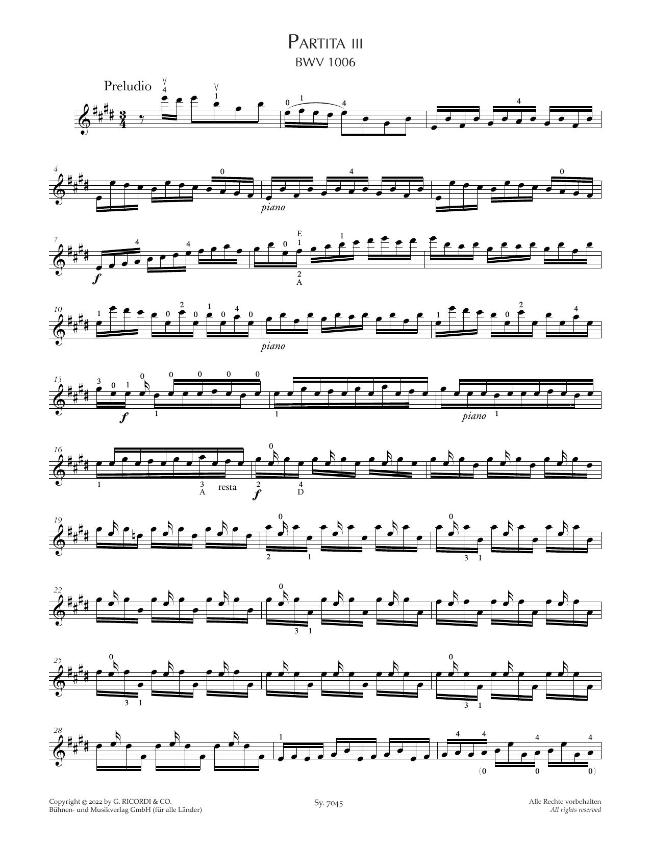Johann Sebastian Bach Partita III, BWV 1006 Sheet Music Notes & Chords for Violin Solo - Download or Print PDF