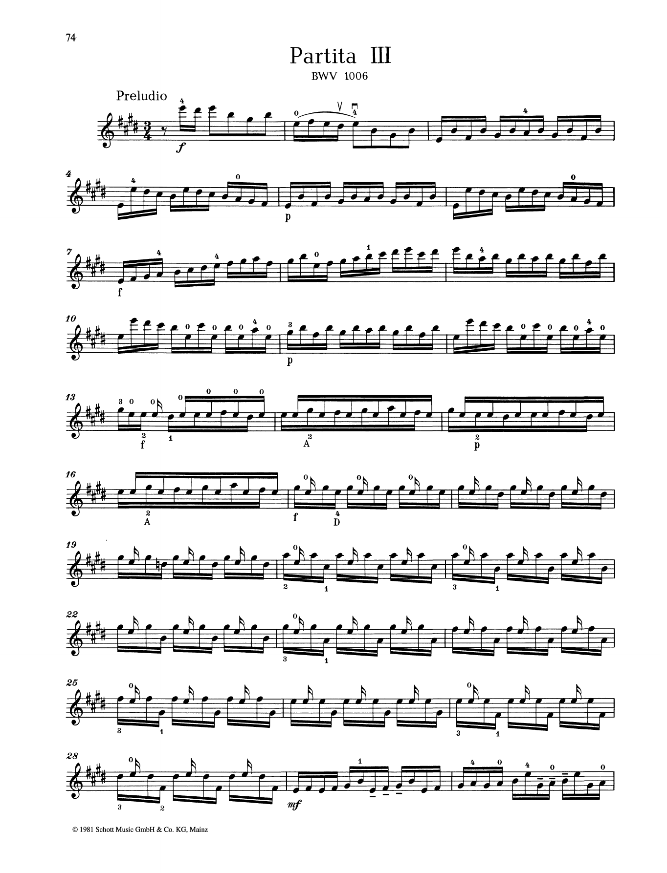 Johann Sebastian Bach Partita III Sheet Music Notes & Chords for String Solo - Download or Print PDF