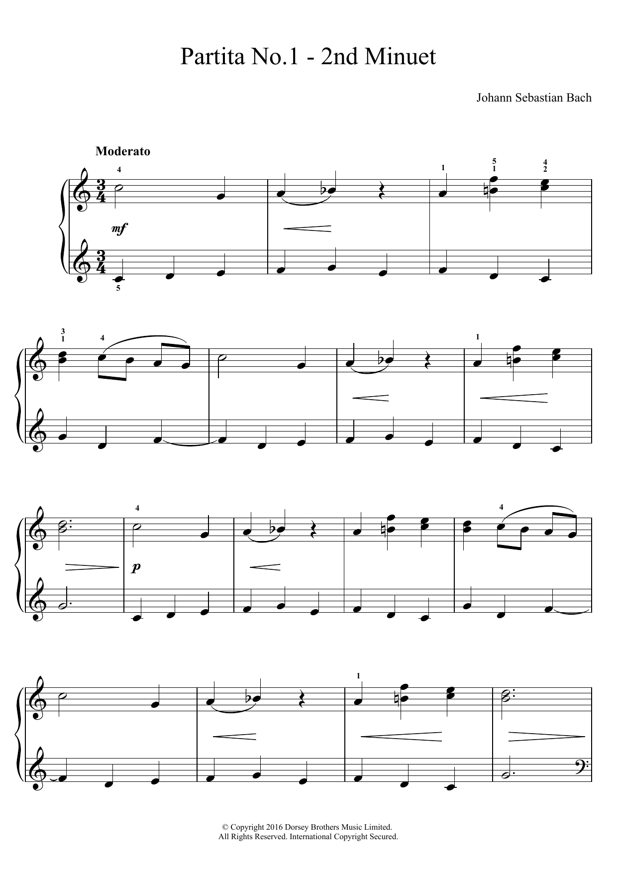 Johann Sebastian Bach Partita No. 1 - 2nd Minuet Sheet Music Notes & Chords for Easy Piano - Download or Print PDF