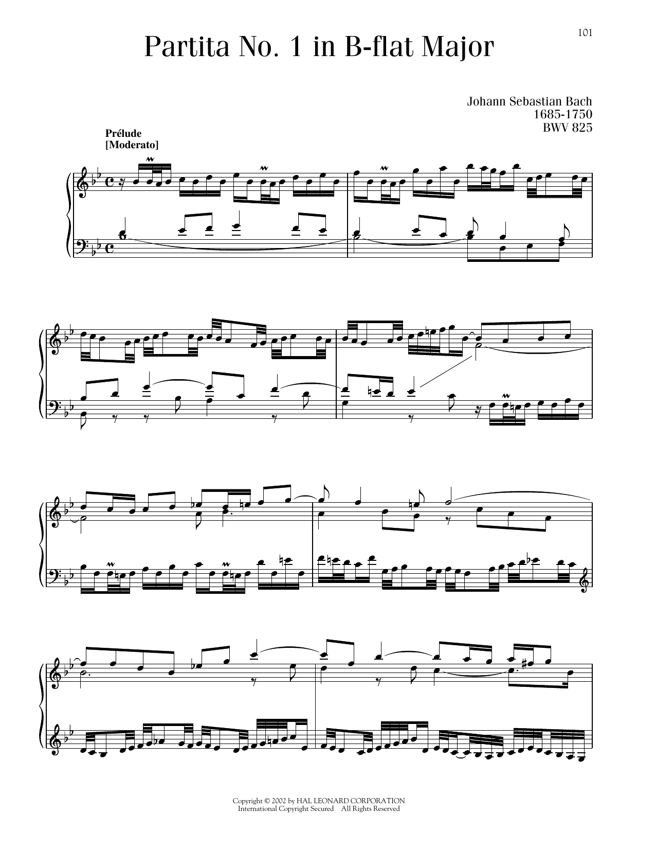 Johann Sebastian Bach Partita No. 1 In B-Flat Major, BWV 825 Sheet Music Notes & Chords for Piano Solo - Download or Print PDF