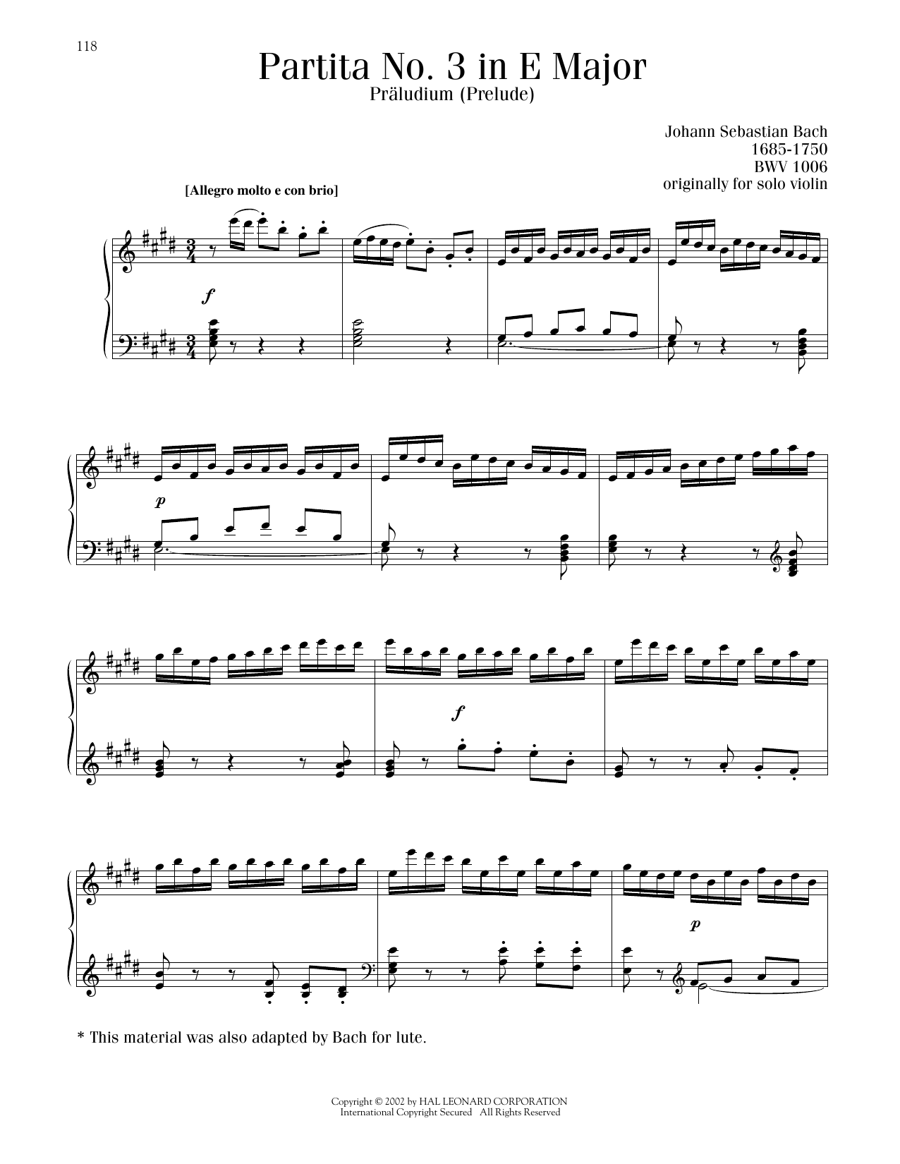 Johann Sebastian Bach Partita No. 3 In E Major, BWV 1006 Sheet Music Notes & Chords for Piano Solo - Download or Print PDF
