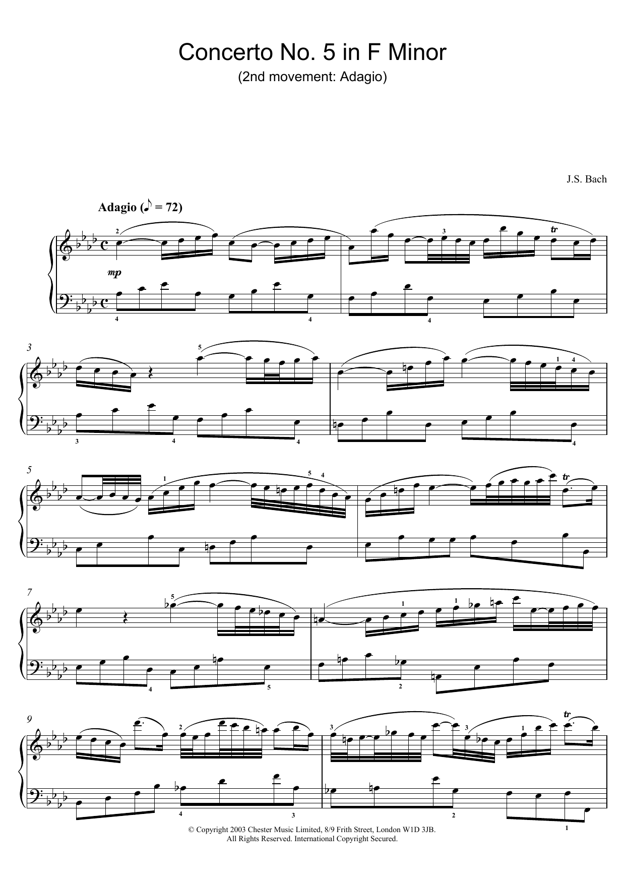 Johann Sebastian Bach Piano Concerto No. 5 in F Minor (2nd movement: Adagio) Sheet Music Notes & Chords for Piano - Download or Print PDF