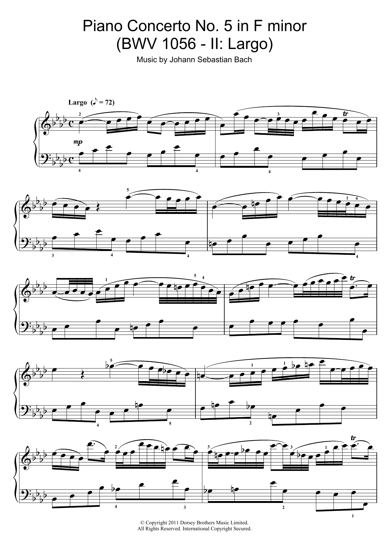Johann Sebastian Bach Piano Concerto No. 5 in F minor (BWV 1056 - II: Largo) Sheet Music Notes & Chords for Piano - Download or Print PDF