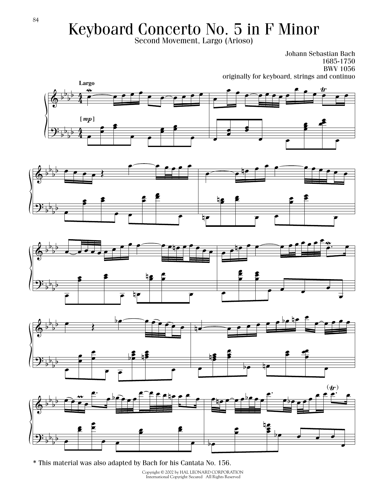 Johann Sebastian Bach Piano Concerto No.5 In F Minor (BWV 1056-II: Largo) Sheet Music Notes & Chords for Piano Solo - Download or Print PDF