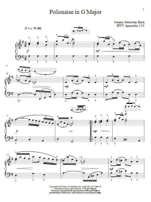 Johann Sebastian Bach Polonaise In G Major, BWV App. 130 Sheet Music Notes & Chords for Piano - Download or Print PDF