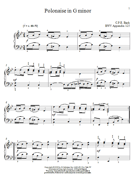 Johann Sebastian Bach Polonaise In G Minor, BWV App. 125 Sheet Music Notes & Chords for Piano - Download or Print PDF