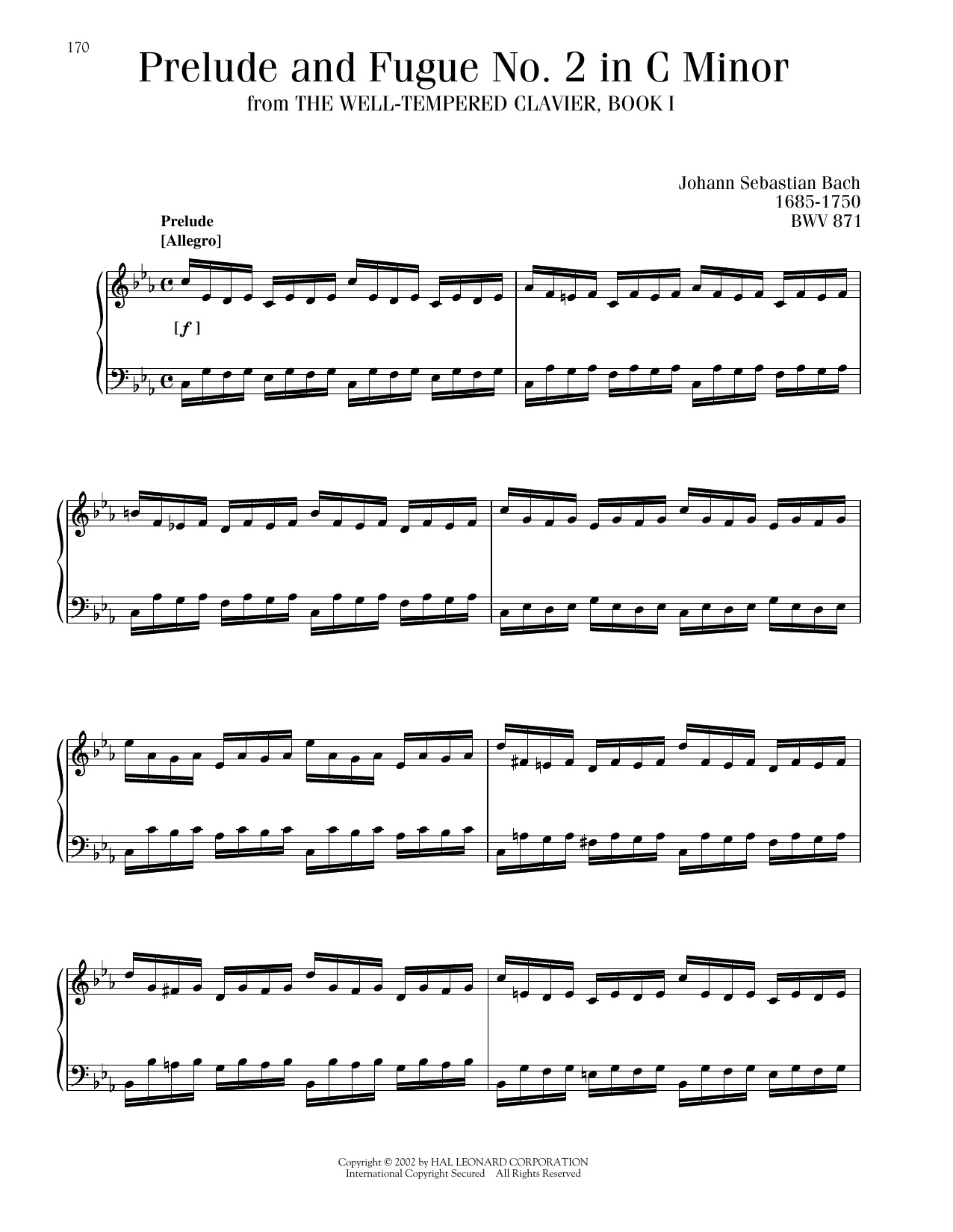 Johann Sebastian Bach Prelude And Fugue In C Minor, BWV 847 Sheet Music Notes & Chords for Piano Solo - Download or Print PDF