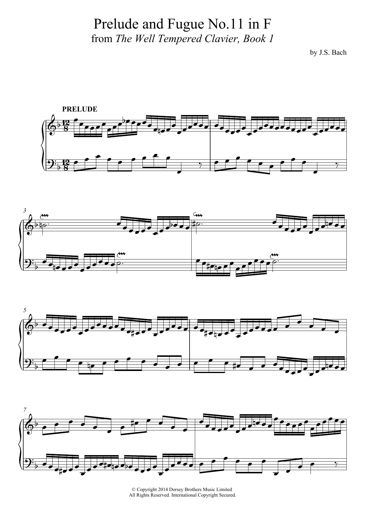 Johann Sebastian Bach Prelude and Fugue No. 11 In F Major (BWV 856 From 'The Well-Tempered Clavier, Book 1') Sheet Music Notes & Chords for Piano - Download or Print PDF