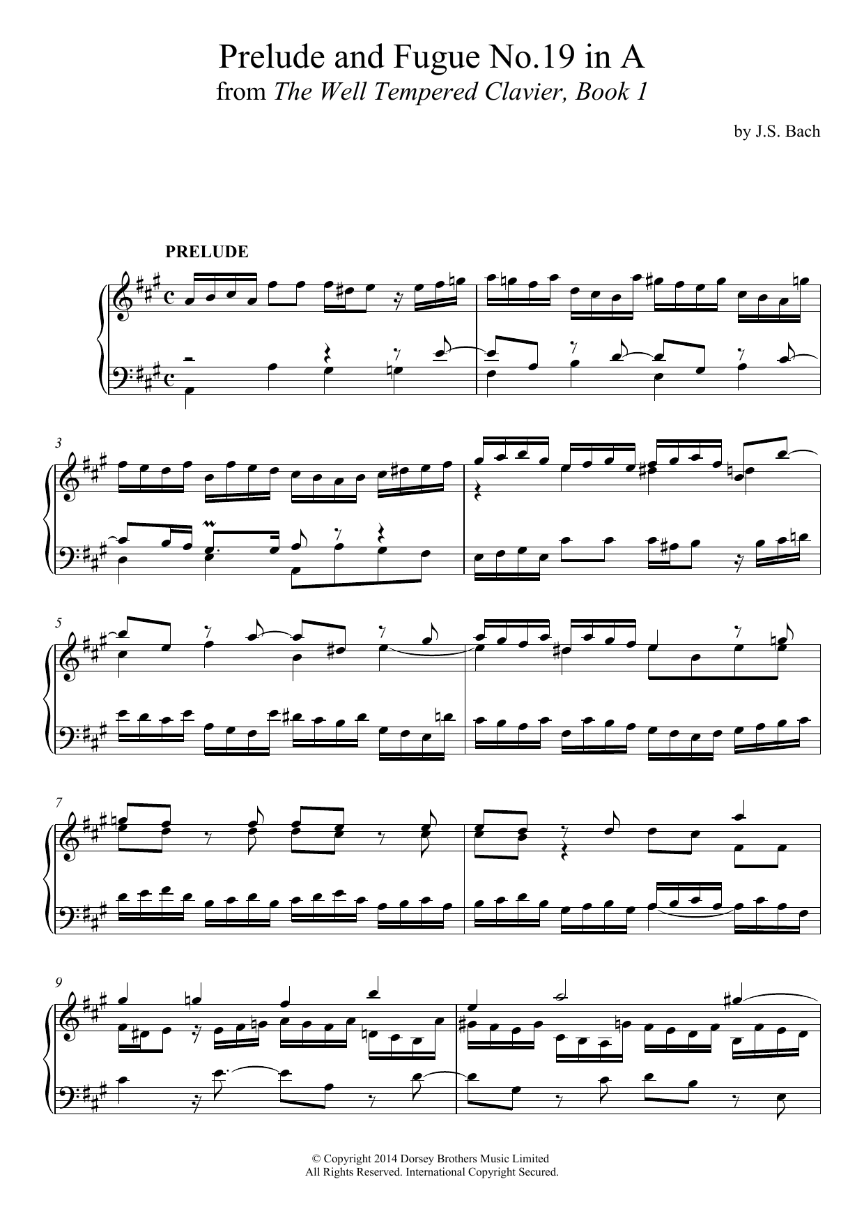 Johann Sebastian Bach Prelude and Fugue No. 19 In A Major (BWV 864 From 'The Well-Tempered Clavier, Book 1') Sheet Music Notes & Chords for Piano - Download or Print PDF