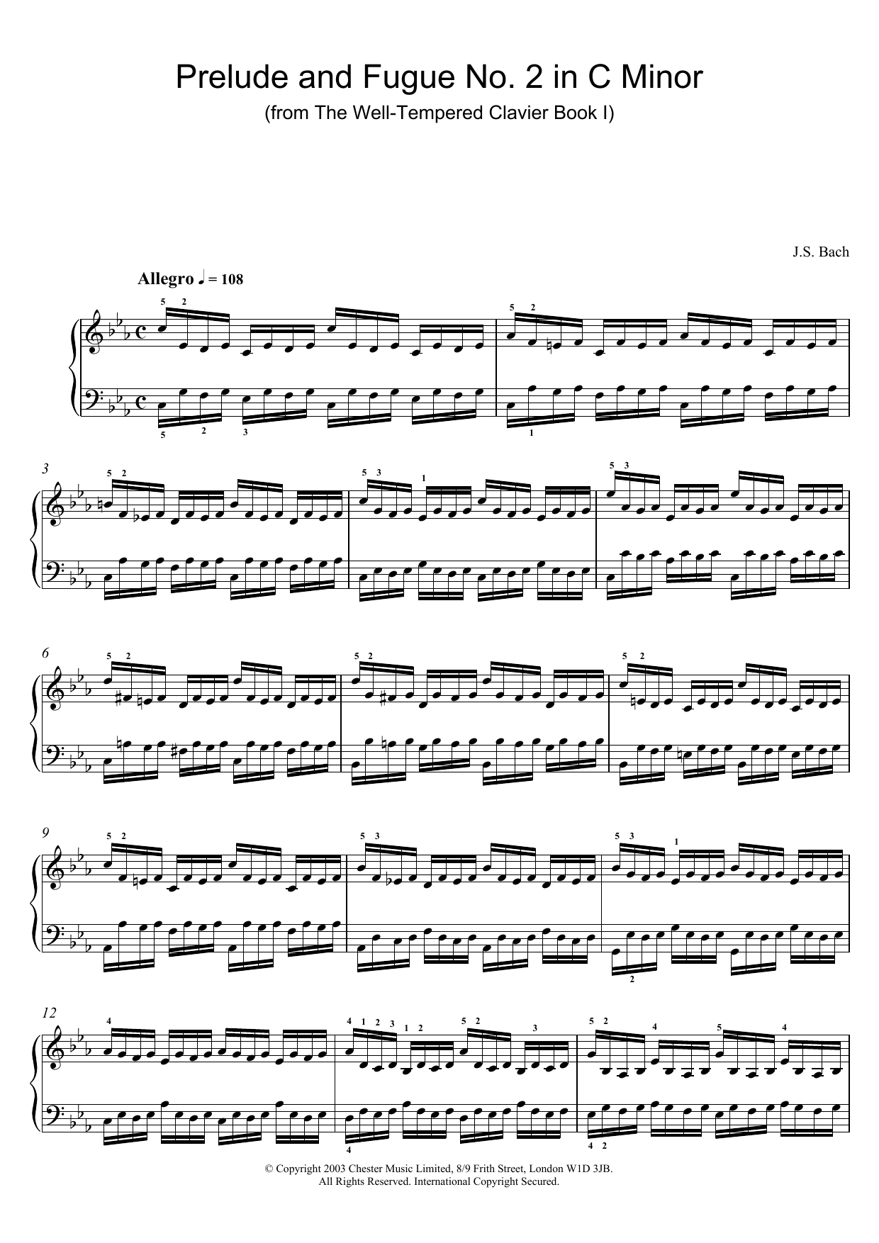 Johann Sebastian Bach Prelude and Fugue No.2 in C Minor (from The Well-Tempered Clavier, Bk.1) Sheet Music Notes & Chords for Piano - Download or Print PDF