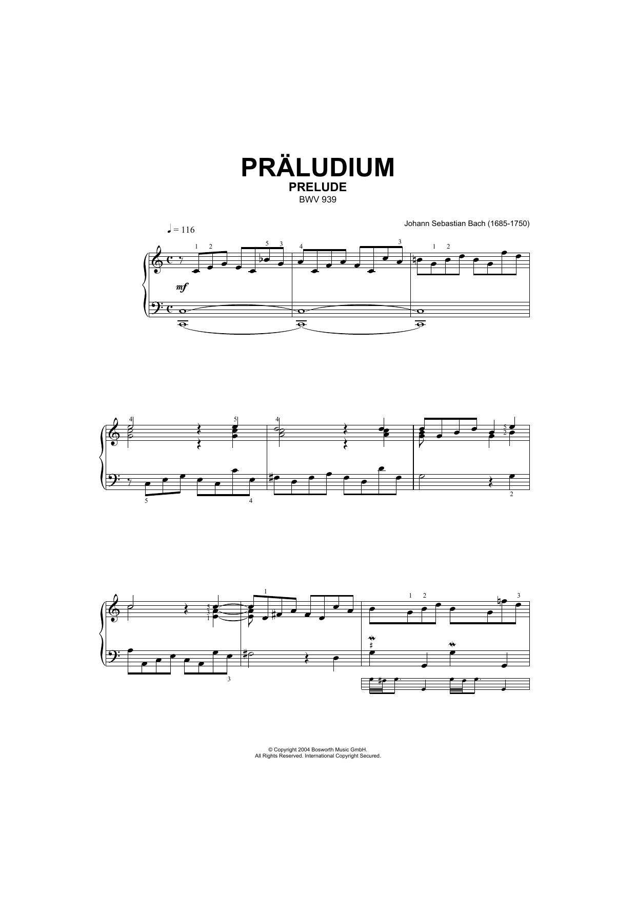 Johann Sebastian Bach Prelude, BWV 939 Sheet Music Notes & Chords for Piano - Download or Print PDF