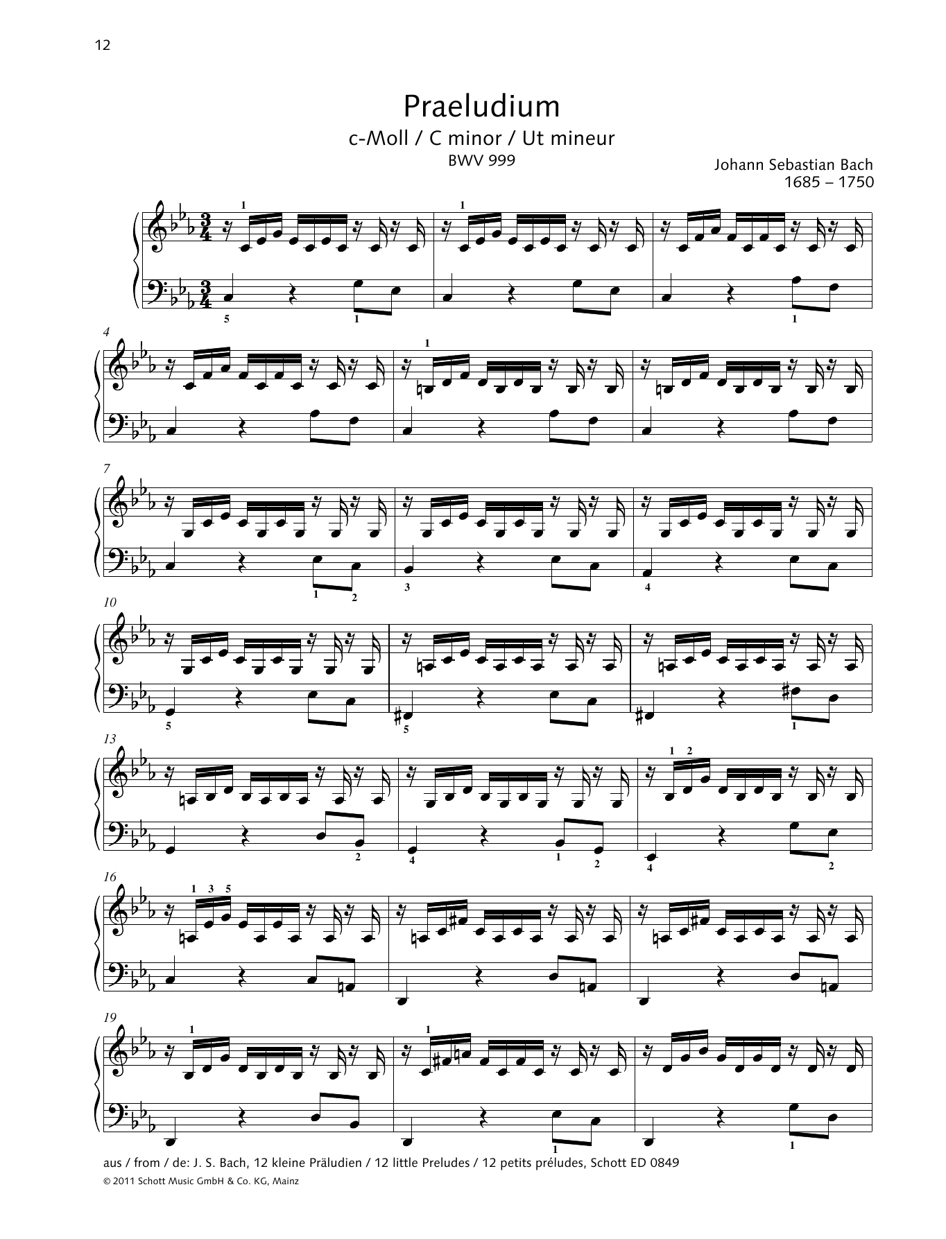 Johann Sebastian Bach Prelude C minor Sheet Music Notes & Chords for Piano Solo - Download or Print PDF