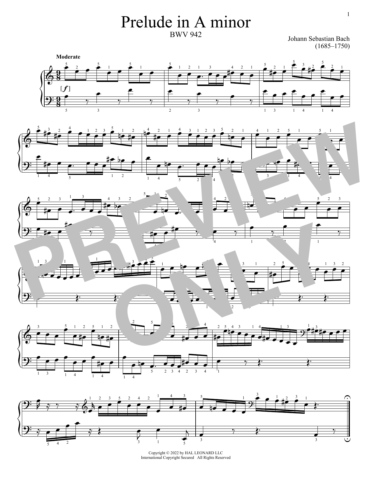 Johann Sebastian Bach Prelude In A Minor, BWV 942 Sheet Music Notes & Chords for Piano Solo - Download or Print PDF