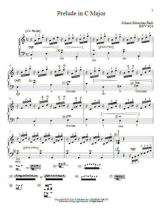 Johann Sebastian Bach Prelude In C Major, BMV 924 Sheet Music Notes & Chords for Piano - Download or Print PDF