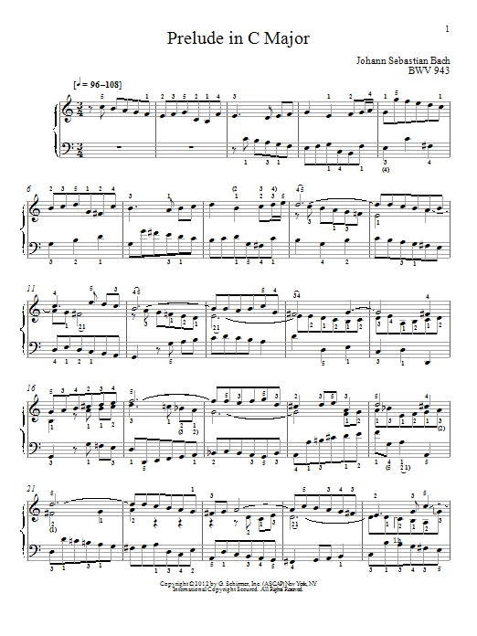 Johann Sebastian Bach Prelude In C Major, BMV 943 Sheet Music Notes & Chords for Piano - Download or Print PDF