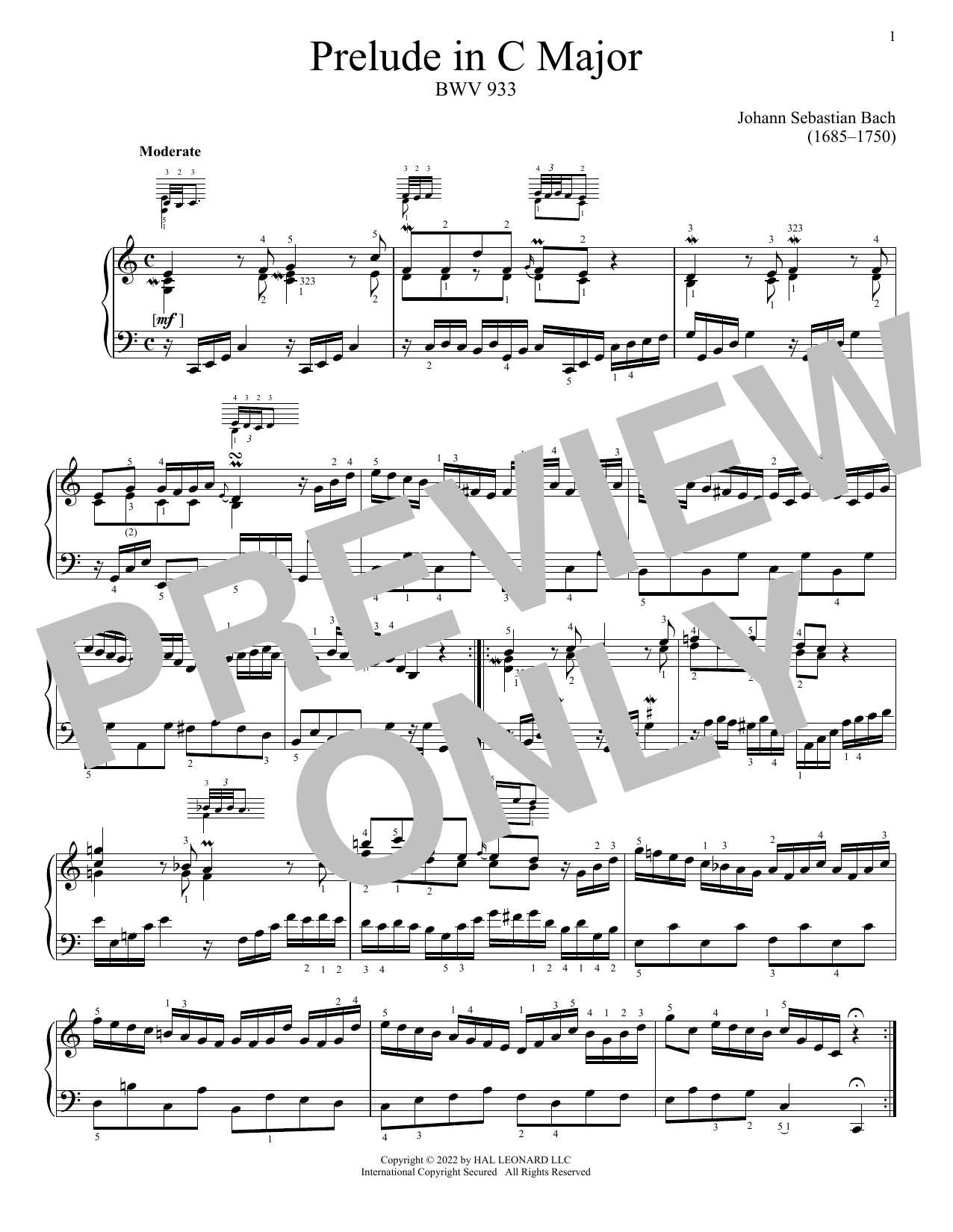 Johann Sebastian Bach Prelude In C Major, BWV 933 Sheet Music Notes & Chords for Piano Solo - Download or Print PDF