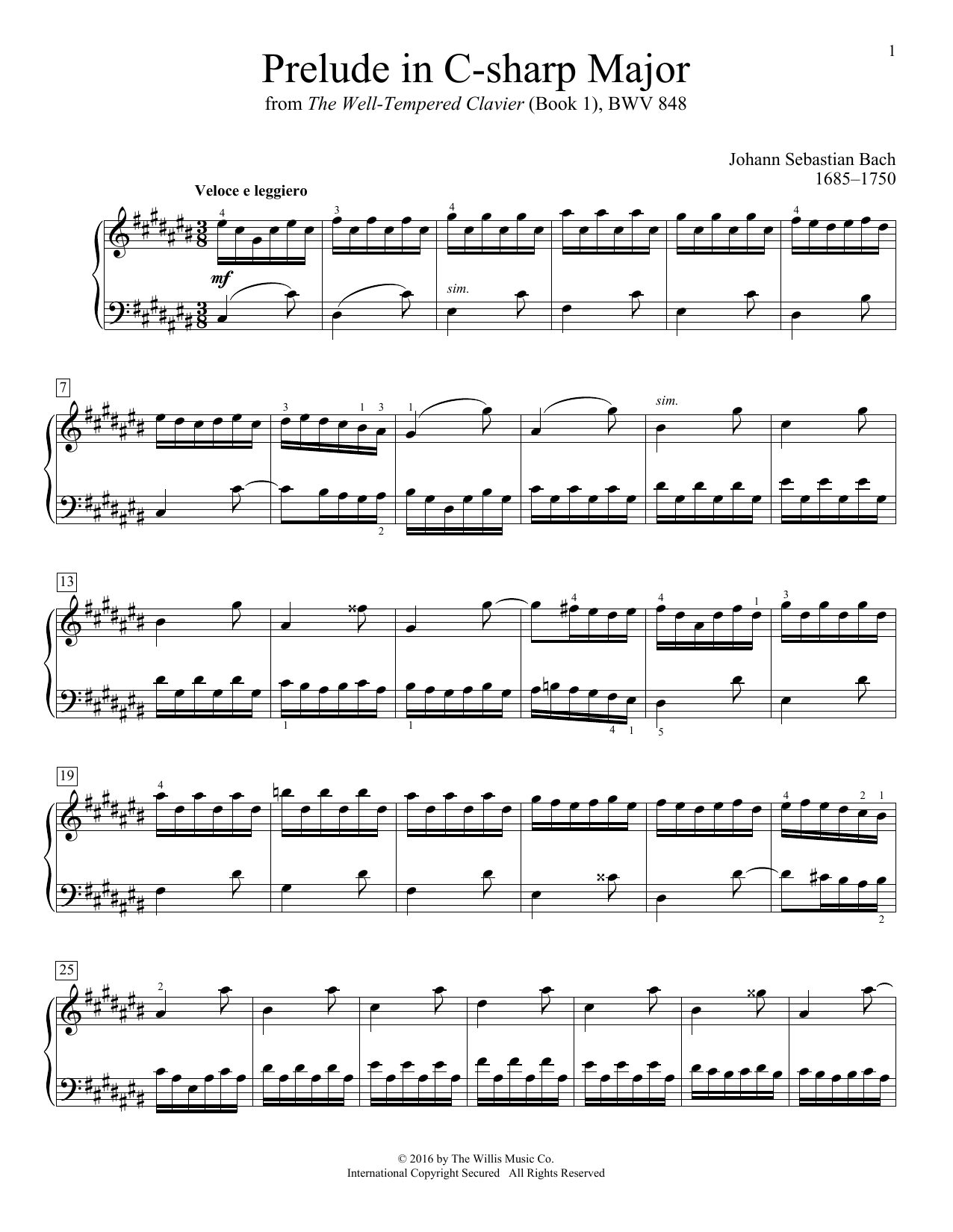 Johann Sebastian Bach Prelude In C-Sharp Major Sheet Music Notes & Chords for Educational Piano - Download or Print PDF