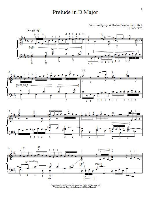 Johann Sebastian Bach Prelude In D Major, BMV 925 Sheet Music Notes & Chords for Piano - Download or Print PDF