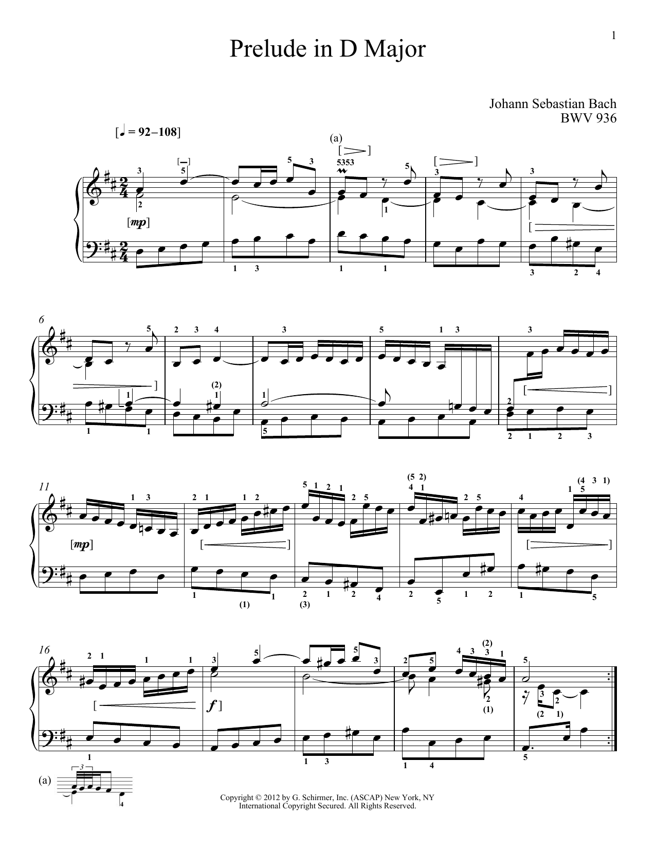 Johann Sebastian Bach Prelude In D Major, BMV 936 Sheet Music Notes & Chords for Piano - Download or Print PDF