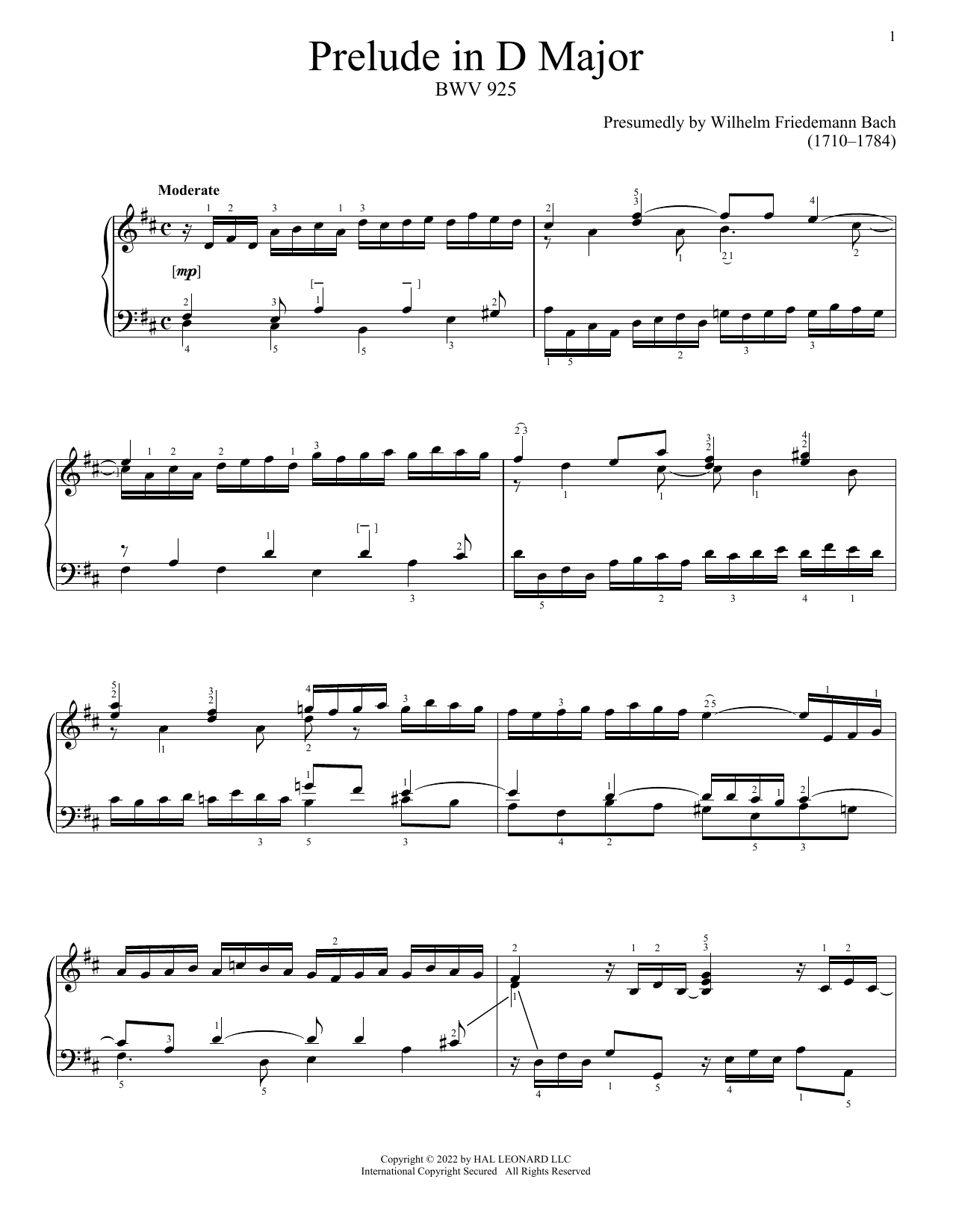 Johann Sebastian Bach Prelude In D Major, BWV 925 Sheet Music Notes & Chords for Piano Solo - Download or Print PDF