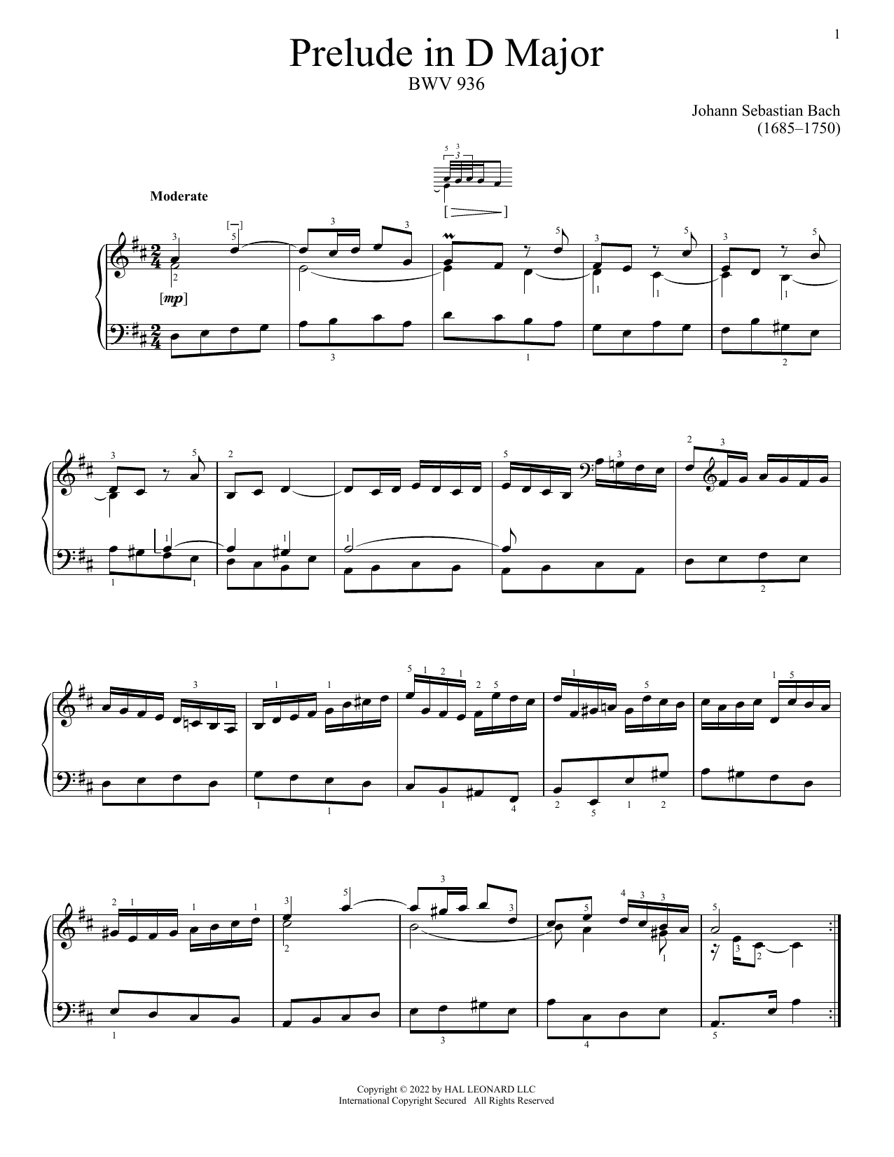 Johann Sebastian Bach Prelude In D Major, BWV 936 Sheet Music Notes & Chords for Piano Solo - Download or Print PDF