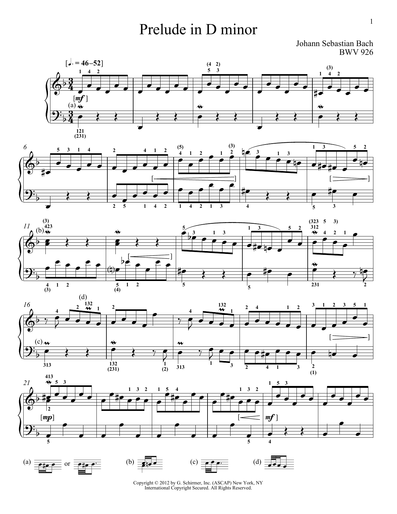 Johann Sebastian Bach Prelude In D Minor, BMV 926 Sheet Music Notes & Chords for Piano - Download or Print PDF