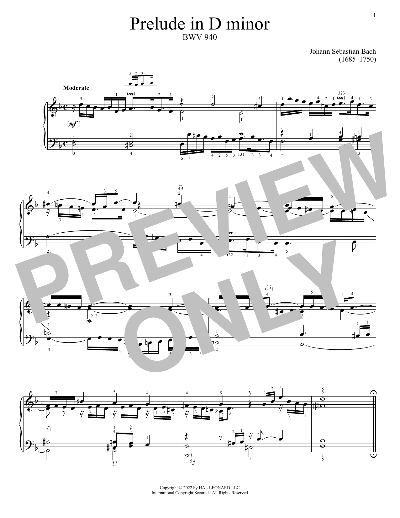 Johann Sebastian Bach Prelude In D Minor, BWV 940 Sheet Music Notes & Chords for Piano Solo - Download or Print PDF