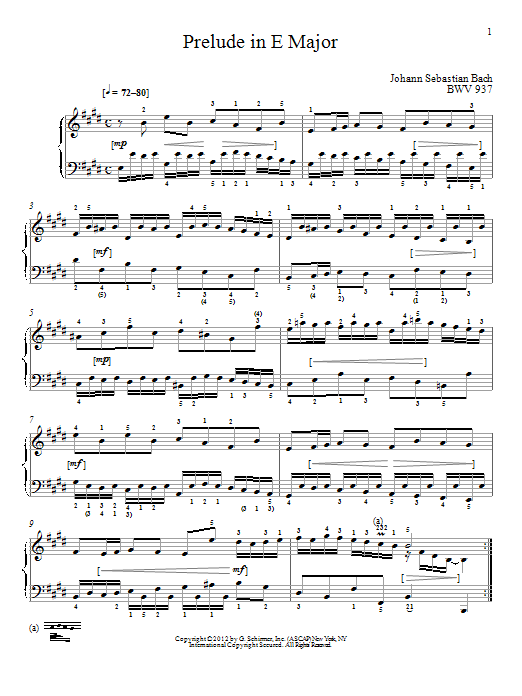 Johann Sebastian Bach Prelude In E Major, BMV 937 Sheet Music Notes & Chords for Piano - Download or Print PDF